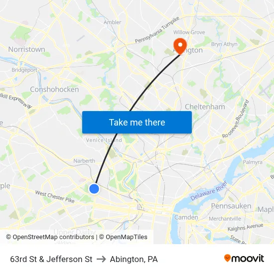 63rd St & Jefferson St to Abington, PA map