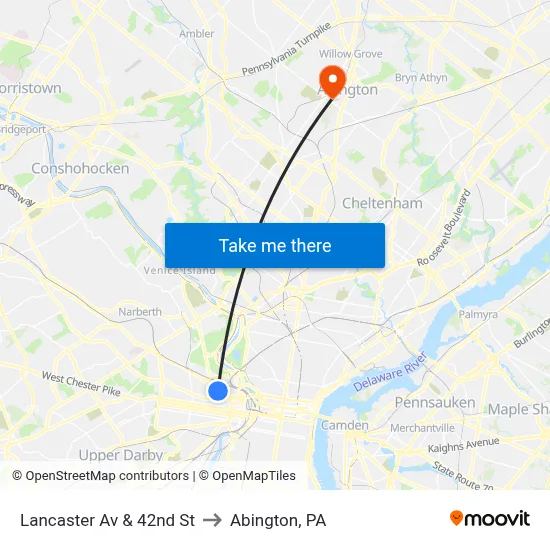Lancaster Av & 42nd St to Abington, PA map