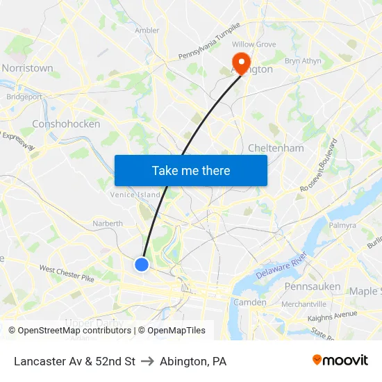 Lancaster Av & 52nd St to Abington, PA map