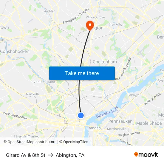 Girard Av & 8th St to Abington, PA map