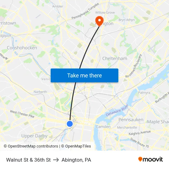 Walnut St & 36th St to Abington, PA map