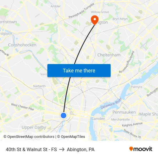 40th St & Walnut St - FS to Abington, PA map