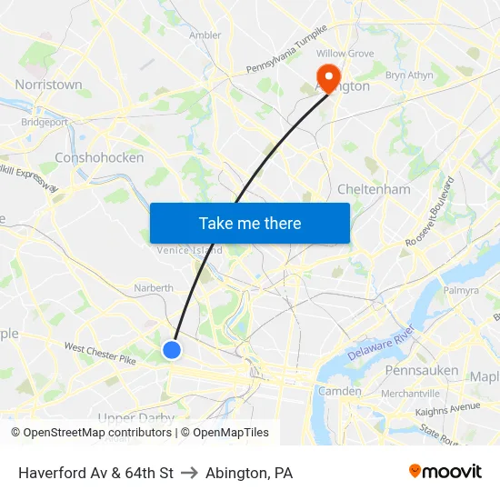 Haverford Av & 64th St to Abington, PA map
