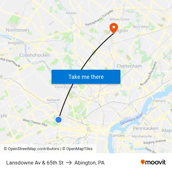 Lansdowne Av & 65th St to Abington, PA map