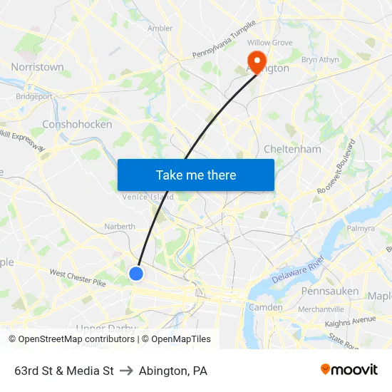 63rd St & Media St to Abington, PA map