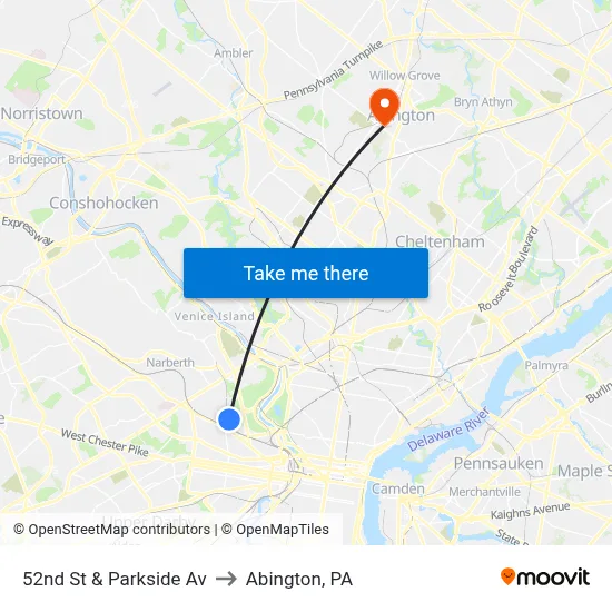 52nd St & Parkside Av to Abington, PA map
