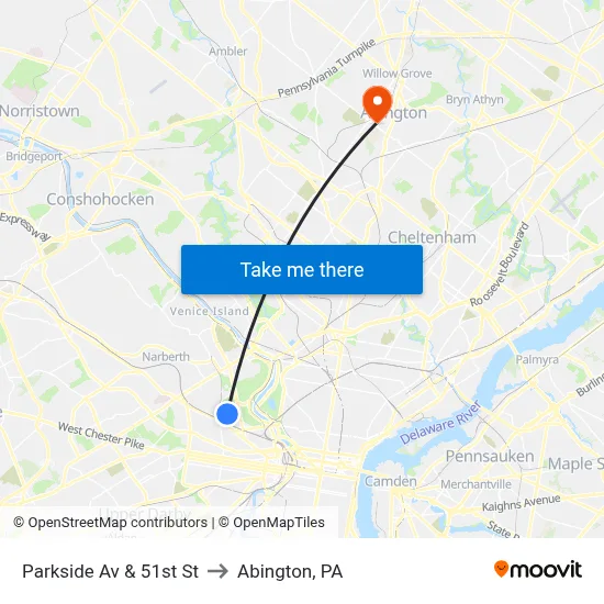 Parkside Av & 51st St to Abington, PA map