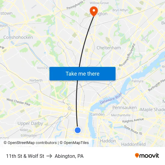 11th St & Wolf St to Abington, PA map