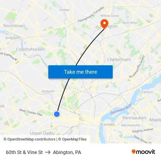 60th St & Vine St to Abington, PA map