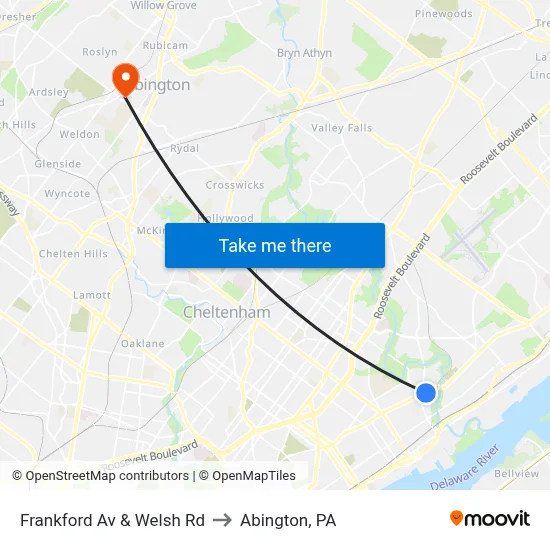 Frankford Av & Welsh Rd to Abington, PA map