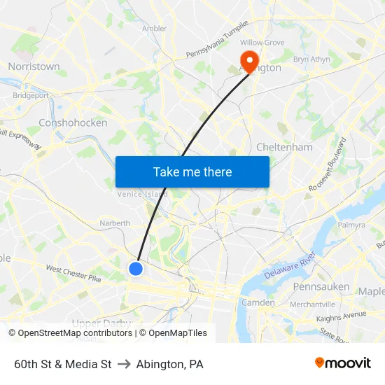 60th St & Media St to Abington, PA map