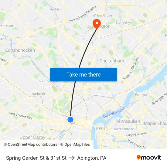 Spring Garden St & 31st St to Abington, PA map