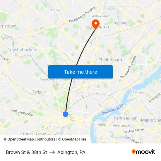 Brown St & 38th St to Abington, PA map