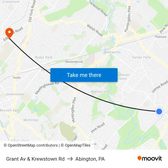 Grant Av & Krewstown Rd to Abington, PA map