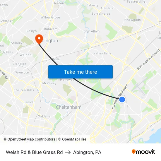Welsh Rd & Blue Grass Rd to Abington, PA map
