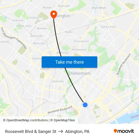 Roosevelt Blvd & Sanger St to Abington, PA map