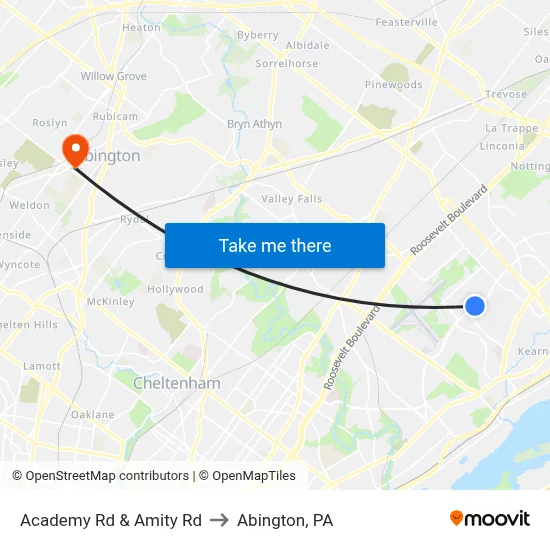 Academy Rd & Amity Rd to Abington, PA map