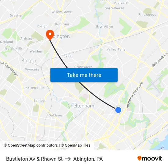 Bustleton Av & Rhawn St to Abington, PA map