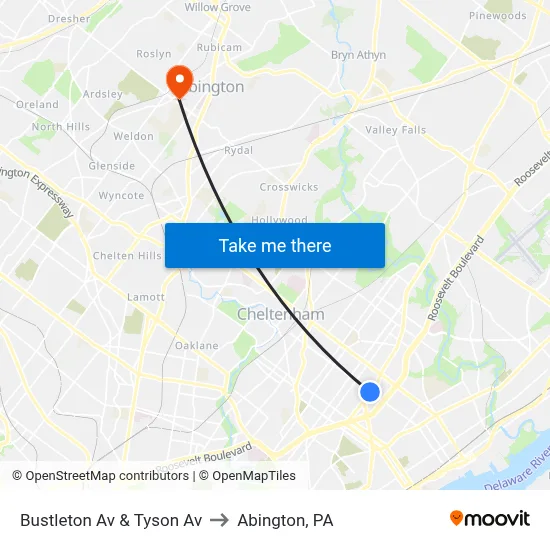 Bustleton Av & Tyson Av to Abington, PA map