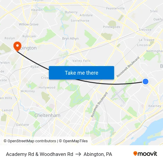 Academy Rd & Woodhaven Rd to Abington, PA map