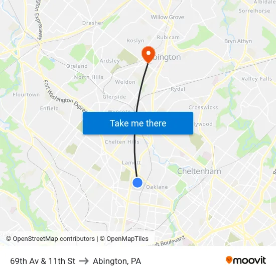 69th Av & 11th St to Abington, PA map