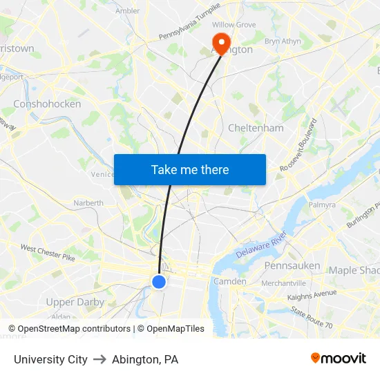 University City to Abington, PA map
