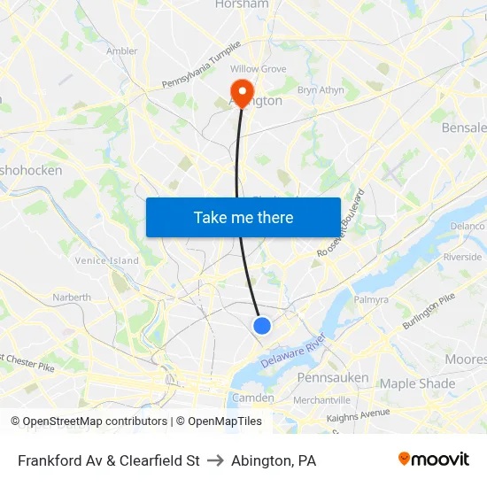 Frankford Av & Clearfield St to Abington, PA map