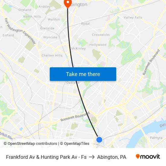 Frankford Av & Hunting Park Av - Fs to Abington, PA map