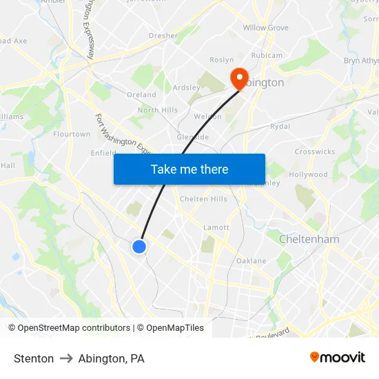 Stenton to Abington, PA map