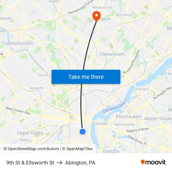 9th St & Ellsworth St to Abington, PA map