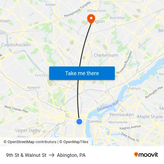 9th St & Walnut St to Abington, PA map