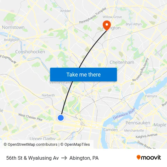 56th St & Wyalusing Av to Abington, PA map