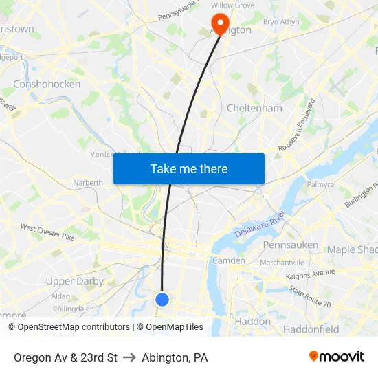 Oregon Av & 23rd St to Abington, PA map