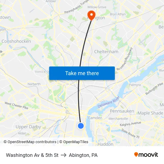 Washington Av & 5th St to Abington, PA map