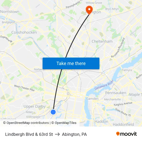Lindbergh Blvd & 63rd St to Abington, PA map