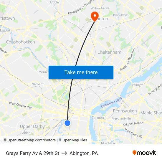 Grays Ferry Av & 29th St to Abington, PA map