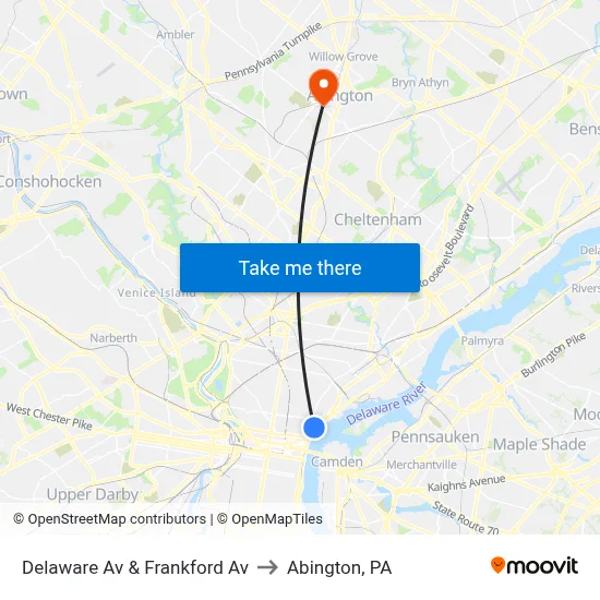 Delaware Av & Frankford Av to Abington, PA map