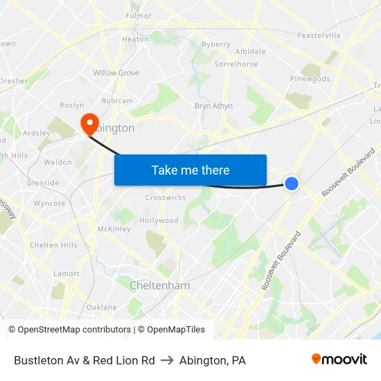 Bustleton Av & Red Lion Rd to Abington, PA map