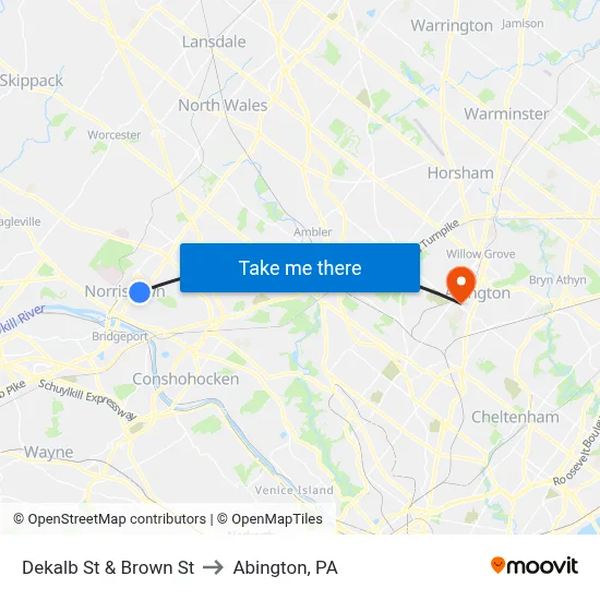 Dekalb St & Brown St to Abington, PA map