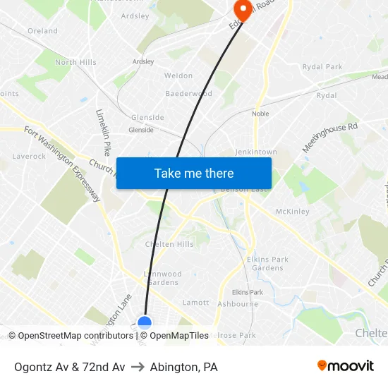 Ogontz Av & 72nd Av to Abington, PA map