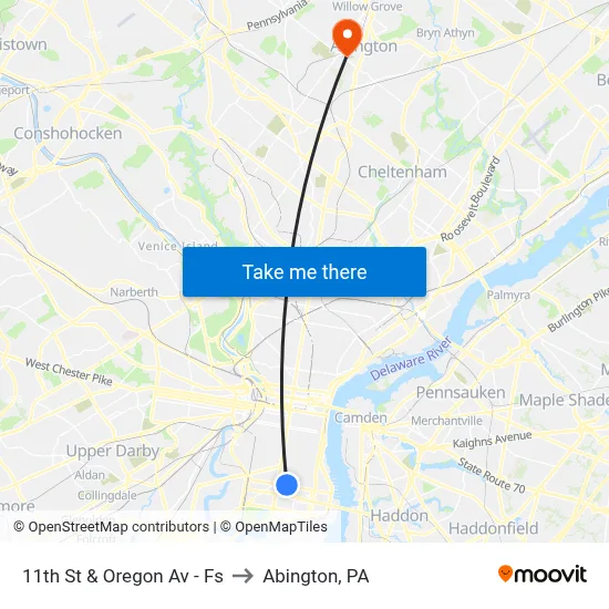 11th St & Oregon Av - Fs to Abington, PA map