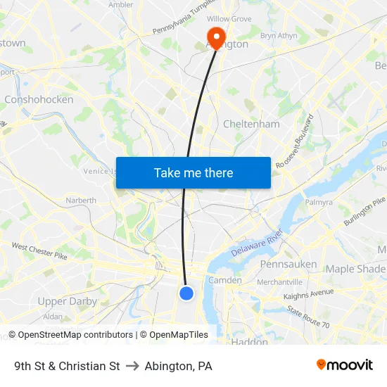 9th St & Christian St to Abington, PA map