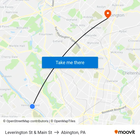 Leverington St & Main St to Abington, PA map