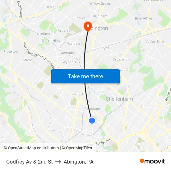 Godfrey Av & 2nd St to Abington, PA map