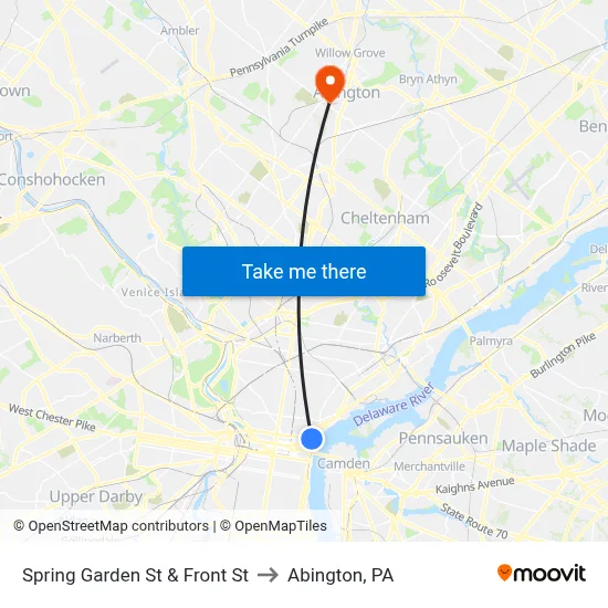 Spring Garden St & Front St to Abington, PA map