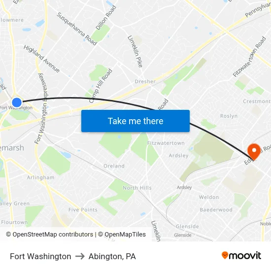 Fort Washington to Abington, PA map