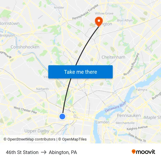 46th St Station to Abington, PA map