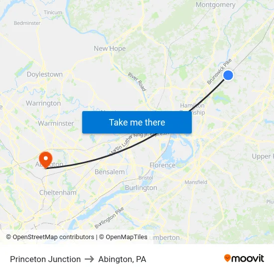 Princeton Junction to Abington, PA map