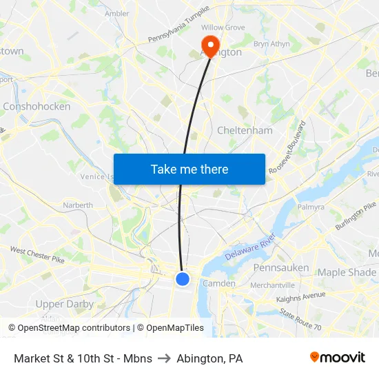 Market St & 10th St  - Mbns to Abington, PA map