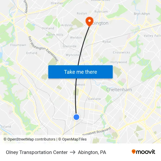Olney Transportation Center to Abington, PA map